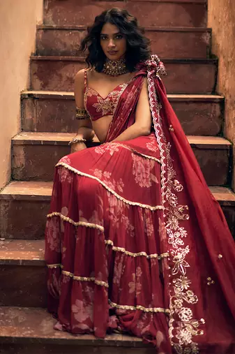Red floral printed chiffon saree