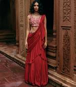 Red plain chiffon saree with belt