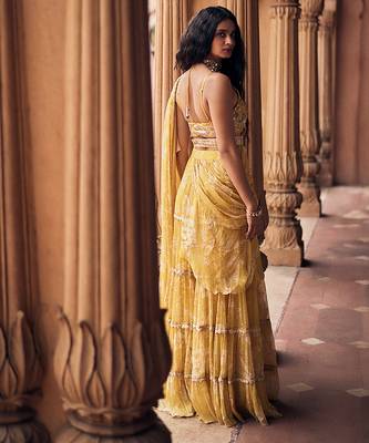 Yellow floral printed chiffon saree with belt 2