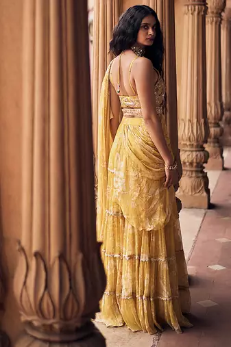 Yellow floral printed chiffon saree with belt