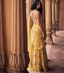 Yellow floral printed chiffon saree with belt