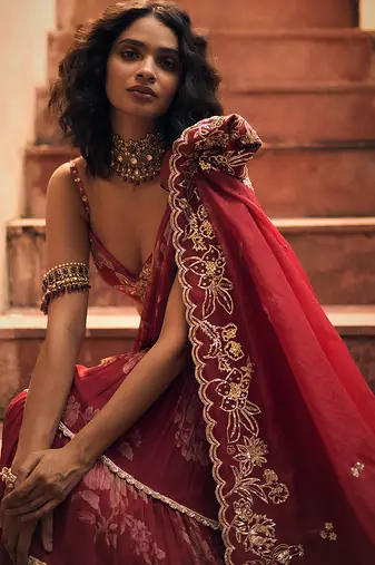 Red floral printed chiffon saree