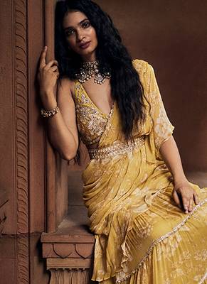 Yellow floral printed chiffon saree with belt 3