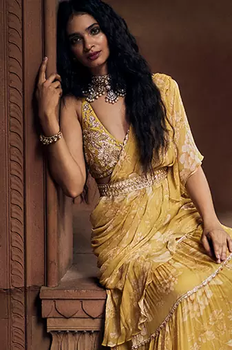 Yellow floral printed chiffon saree with belt