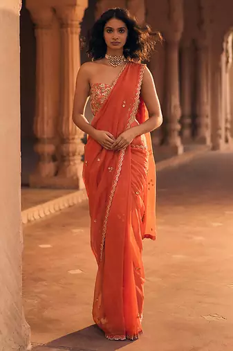 Orange hand embroidered banarasi saree