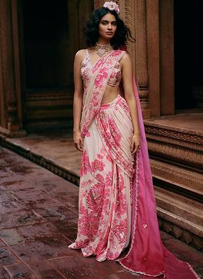 Pink hand embroidered georgette saree 1