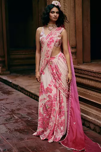 Pink hand embroidered georgette saree