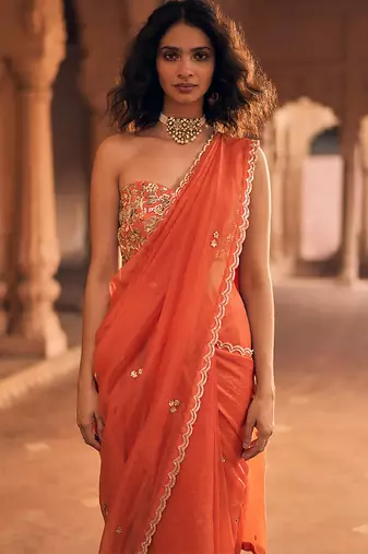 Orange hand embroidered banarasi saree