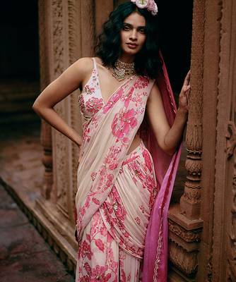 Pink hand embroidered georgette saree 2