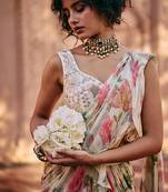 Multicolor floral printed chiffon saree with belt