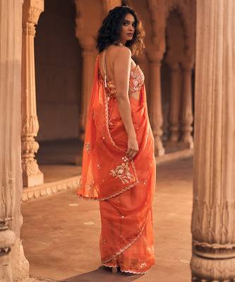 Orange hand embroidered banarasi saree 4