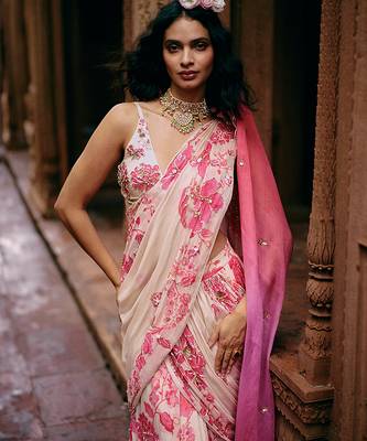 Pink hand embroidered georgette saree 3