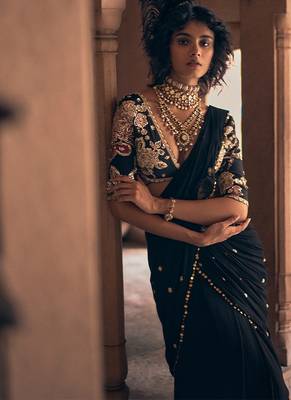 Black hand embroidered crepe saree with belt 1