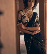 Black hand embroidered crepe saree with belt