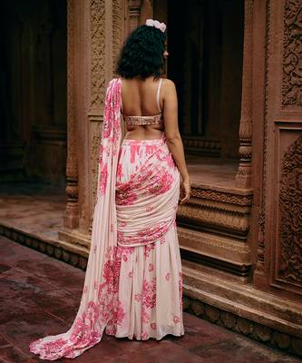Pink hand embroidered georgette saree 4