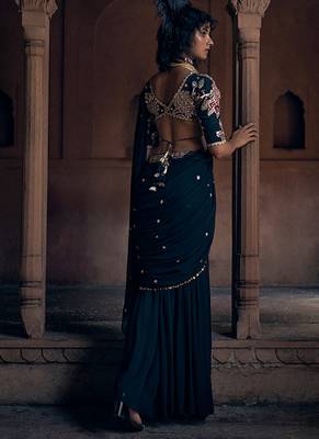 Black hand embroidered crepe saree with belt 2