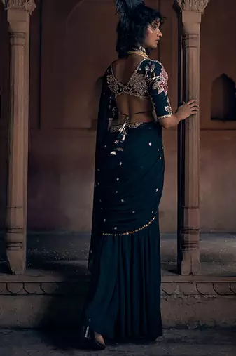 Black hand embroidered crepe saree with belt