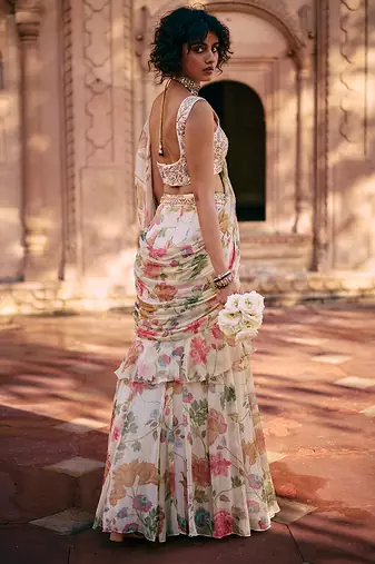 Multicolor floral printed chiffon saree with belt