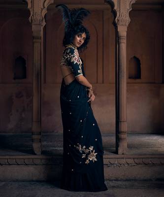 Black hand embroidered crepe saree with belt 3