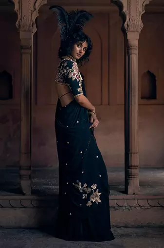 Black hand embroidered crepe saree with belt