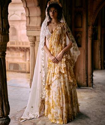 Yellow floral printed chiffon saree with belt 1
