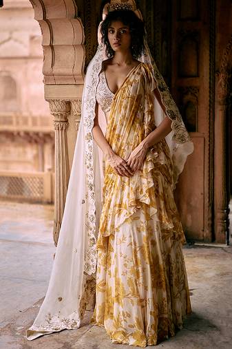 Yellow floral printed chiffon saree with belt