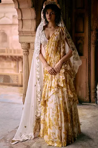 Yellow floral printed chiffon saree with belt