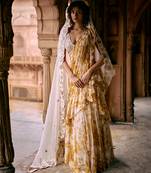Yellow floral printed chiffon saree with belt