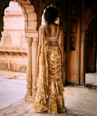 Yellow floral printed chiffon saree with belt 2