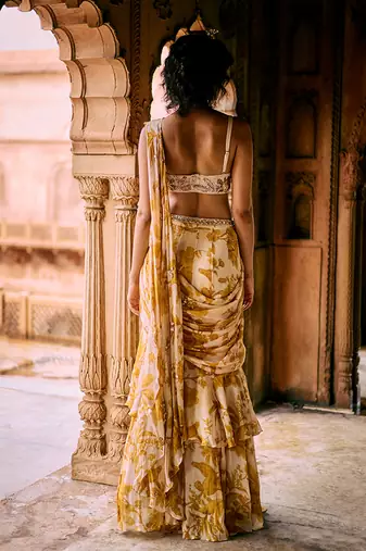 Yellow floral printed chiffon saree with belt
