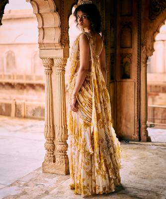 Yellow floral printed chiffon saree with belt 3