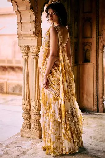 Yellow floral printed chiffon saree with belt