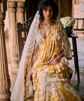 Yellow floral printed chiffon saree with belt 4