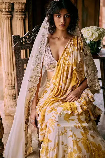 Yellow floral printed chiffon saree with belt