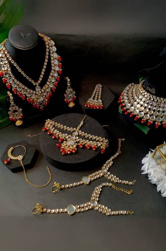 Wedding collection traditional ethnic gold plated pearl & kundan bridal jewellery set for women