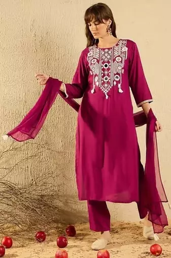 Women Beautiful Embroidery Viscose Chanderi Fabric with Straight Kurta, Pant and Dupatta Set