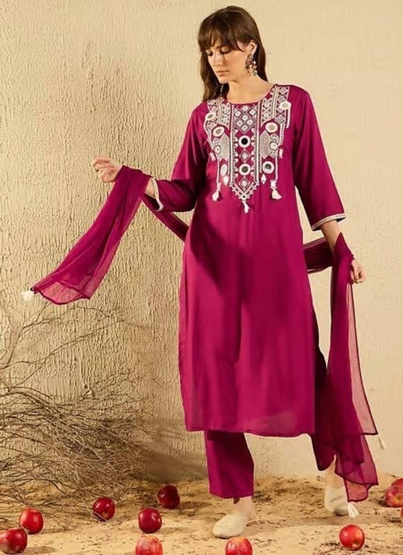 Women Beautiful Embroidery Viscose Chanderi Fabric with Straight Kurta, Pant and Dupatta Set