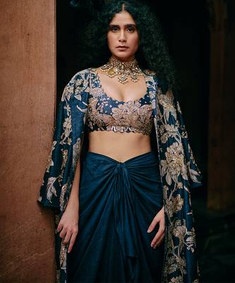 blue plain silk Lehenga With Embroidered Jacket 1