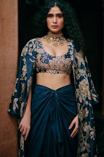 blue plain silk Lehenga With Embroidered Jacket