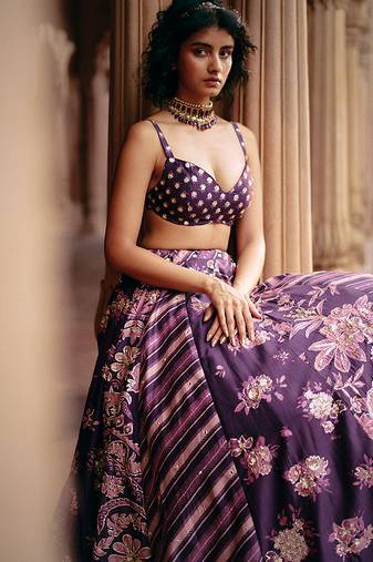 purple Floral printed silk Lehenga