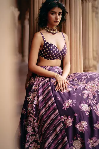 purple Floral printed silk Lehenga