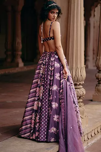 purple Floral printed silk Lehenga