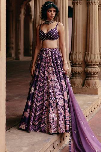purple Floral printed silk Lehenga