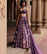 purple Floral printed silk Lehenga