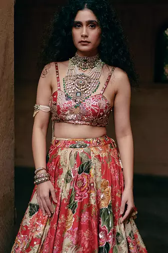 multicolor Floral embroidered silk Lehenga