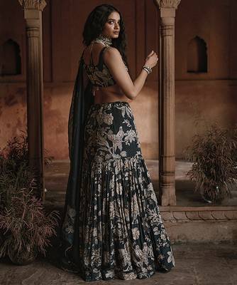 black Floral printed Crepe Lehenga 2