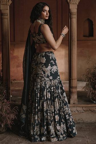 black Floral printed Crepe Lehenga