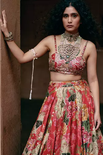 multicolor Floral embroidered silk Lehenga