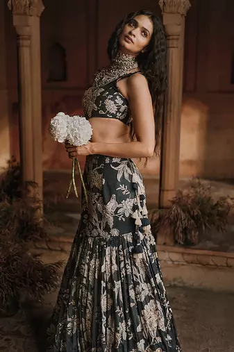 black Floral printed Crepe Lehenga