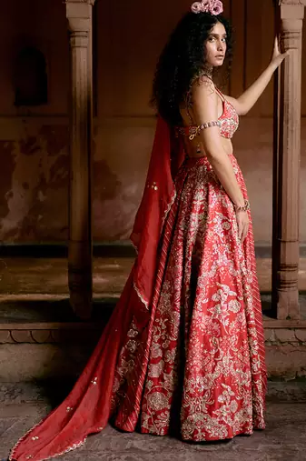pink Floral printed silk Lehenga